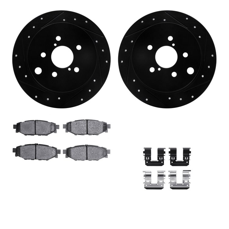 8512-13043 Drilled/Slotted Brake Rotors w/5000 Advanced Brake Pads Kit & Hardware [Black], Fits Select Subaru, Position: Rear