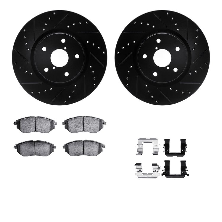 8512-13044 Drilled/Slotted Brake Rotors w/5000 Advanced Brake Pads Kit & Hardware [Black], 2018-2019 Subaru, Position: Front
