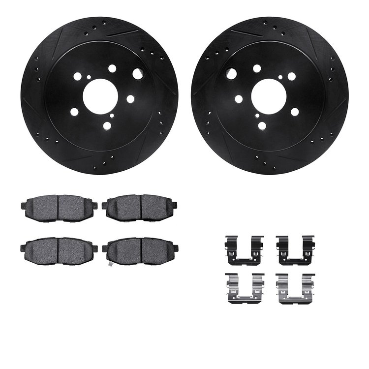 8512-13045 Drilled/Slotted Brake Rotors w/5000 Advanced Brake Pads Kit & Hardware [Black], 2014-2018 Subaru, Position: Rear