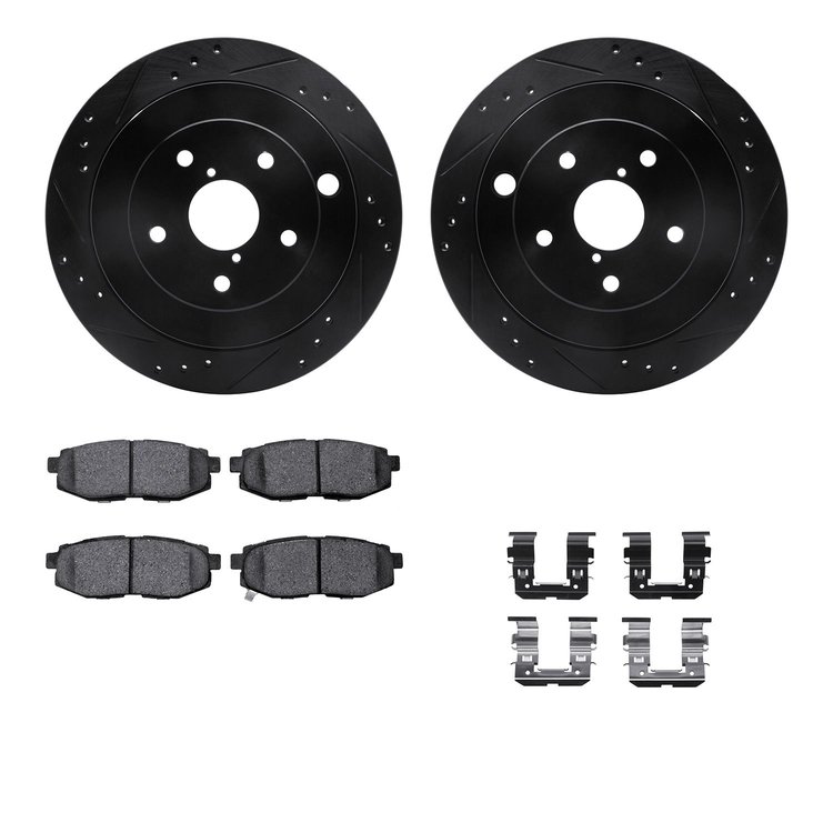 8512-13046 Drilled/Slotted Brake Rotors w/5000 Advanced Brake Pads Kit & Hardware [Black], 2006-2014 Subaru, Position: Rear