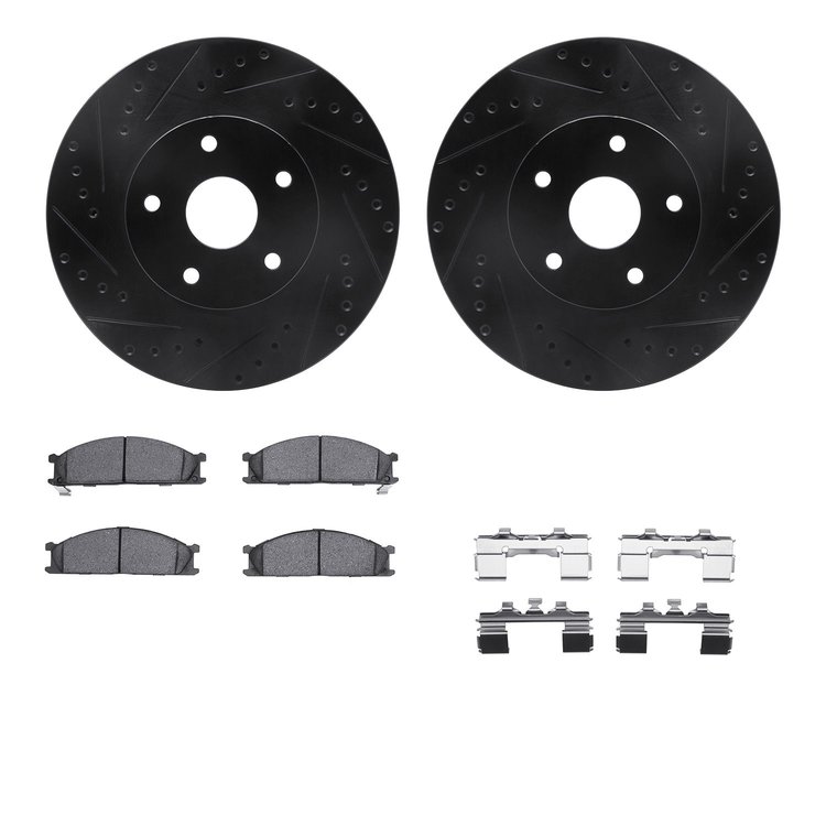 8512-13052 Drilled/Slotted Brake Rotors w/5000 Advanced Brake Pads Kit & Hardware [Black], 1992-1997 Subaru, Position: Front
