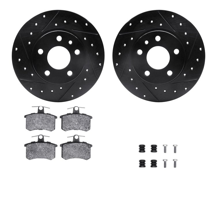 8512-16006 Drilled/Slotted Brake Rotors w/5000 Advanced Brake Pads Kit & Hardware [Black], 1991-1995 Alfa Romeo, Position: Rear