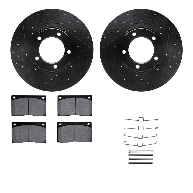 8512-20001 Drilled/Slotted Brake Rotors w/5000 Advanced Brake Pads Kit & Hardware [Black], 1973-1997 Jaguar, Position: Front