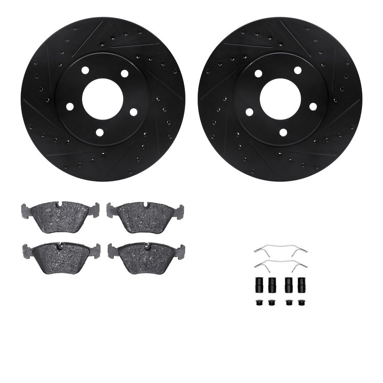 8512-20006 Drilled/Slotted Brake Rotors w/5000 Advanced Brake Pads Kit & Hardware [Black], 1998-2003 Jaguar, Position: Front