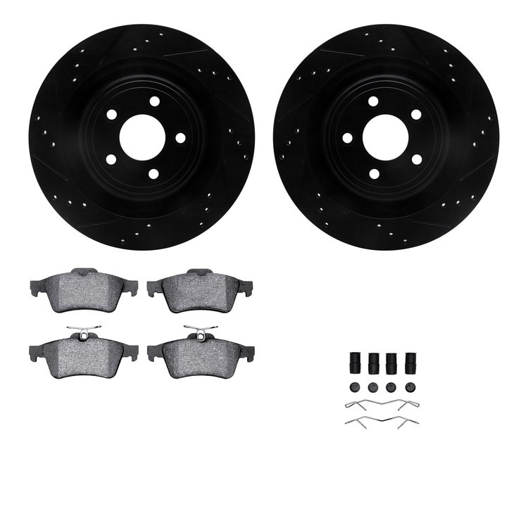 8512-20012 Drilled/Slotted Brake Rotors w/5000 Advanced Brake Pads Kit & Hardware [Black], 2006-2015 Jaguar, Position: Rear