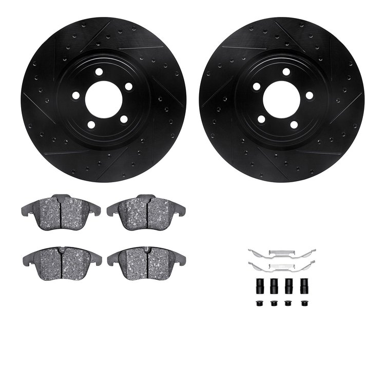 8512-20013 Drilled/Slotted Brake Rotors w/5000 Advanced Brake Pads Kit & Hardware [Black], 2006-2010 Jaguar, Position: Front