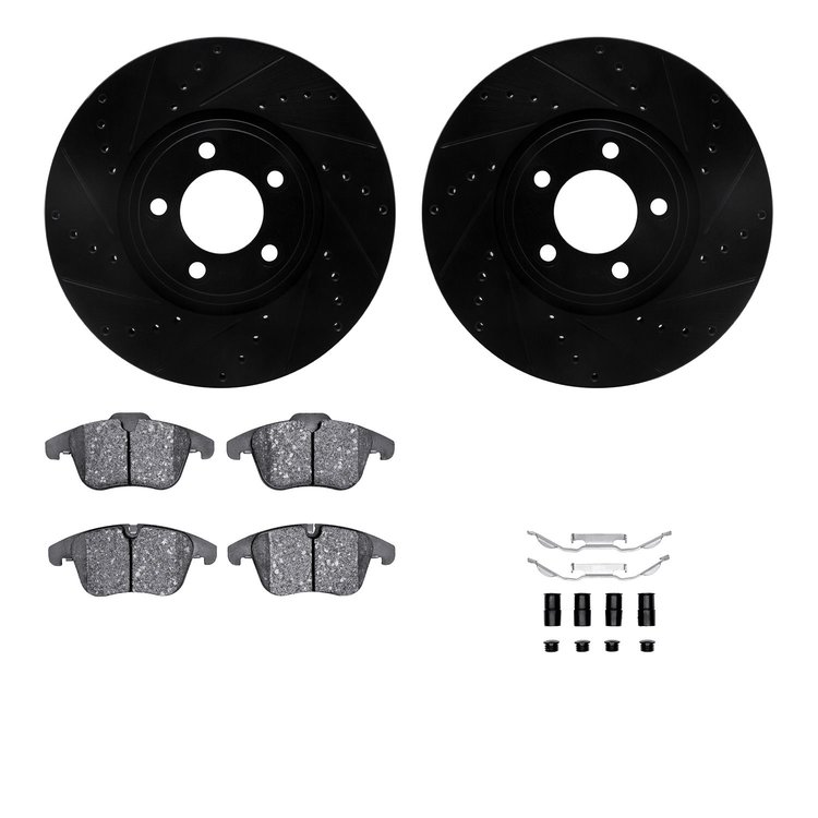 8512-20018 Drilled/Slotted Brake Rotors w/5000 Advanced Brake Pads Kit & Hardware [Black], 2006-2008 Jaguar, Position: Front