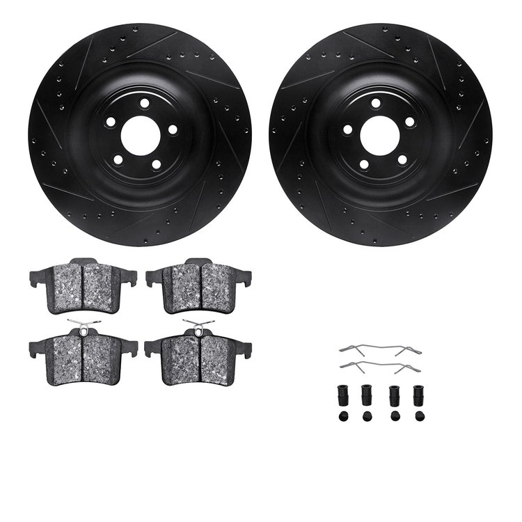 8512-20020 Drilled/Slotted Brake Rotors w/5000 Advanced Brake Pads Kit & Hardware [Black], 2010-2017 Jaguar, Position: Rear