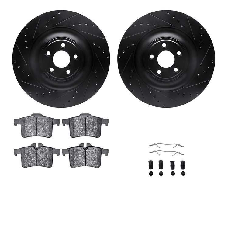 8512-20021 Drilled/Slotted Brake Rotors w/5000 Advanced Brake Pads Kit & Hardware [Black], 2013-2015 Jaguar, Position: Rear
