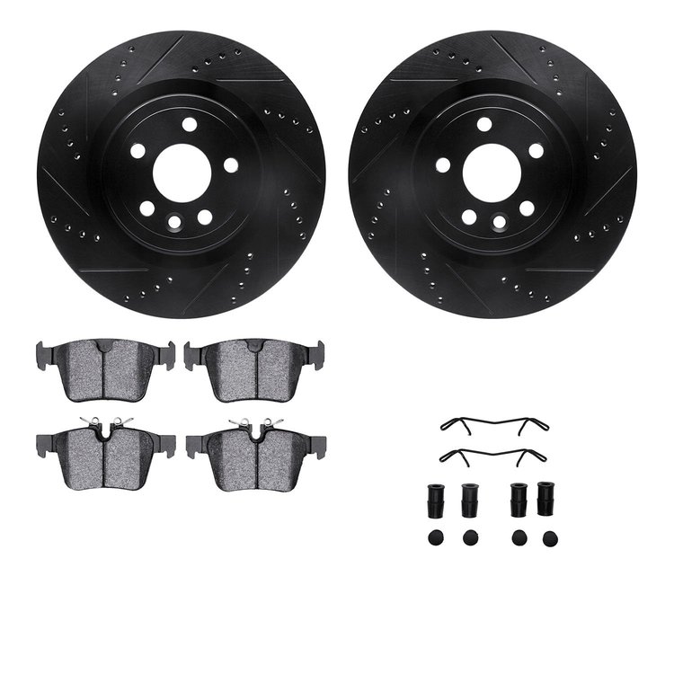 8512-20022 Drilled/Slotted Brake Rotors w/5000 Advanced Brake Pads Kit & Hardware [Black], 2017-2020 Multiple Makes/Models, Posi