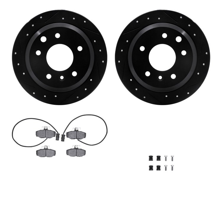 8512-20041 Drilled/Slotted Brake Rotors w/5000 Advanced Brake Pads Kit & Hardware [Black], 1987-1987 Jaguar, Position: Rear