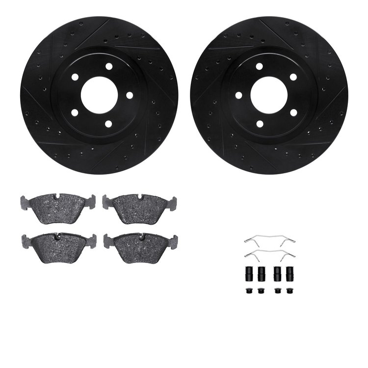 8512-20068 Drilled/Slotted Brake Rotors w/5000 Advanced Brake Pads Kit & Hardware [Black], 1998-2006 Jaguar, Position: Front