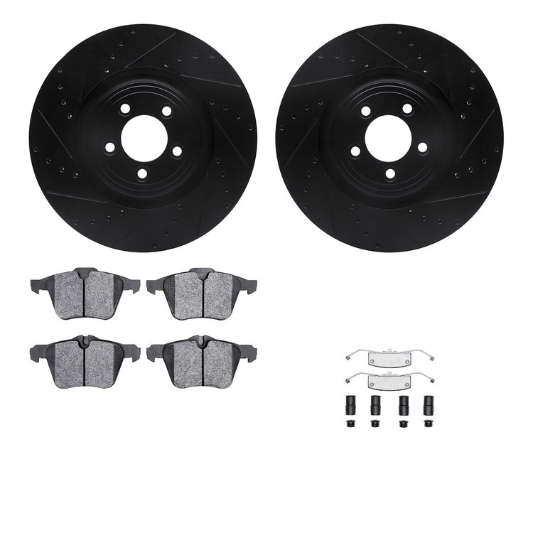 8512-20094 Drilled/Slotted Brake Rotors w/5000 Advanced Brake Pads Kit & Hardware [Black], 2009-2015 Jaguar, Position: Front