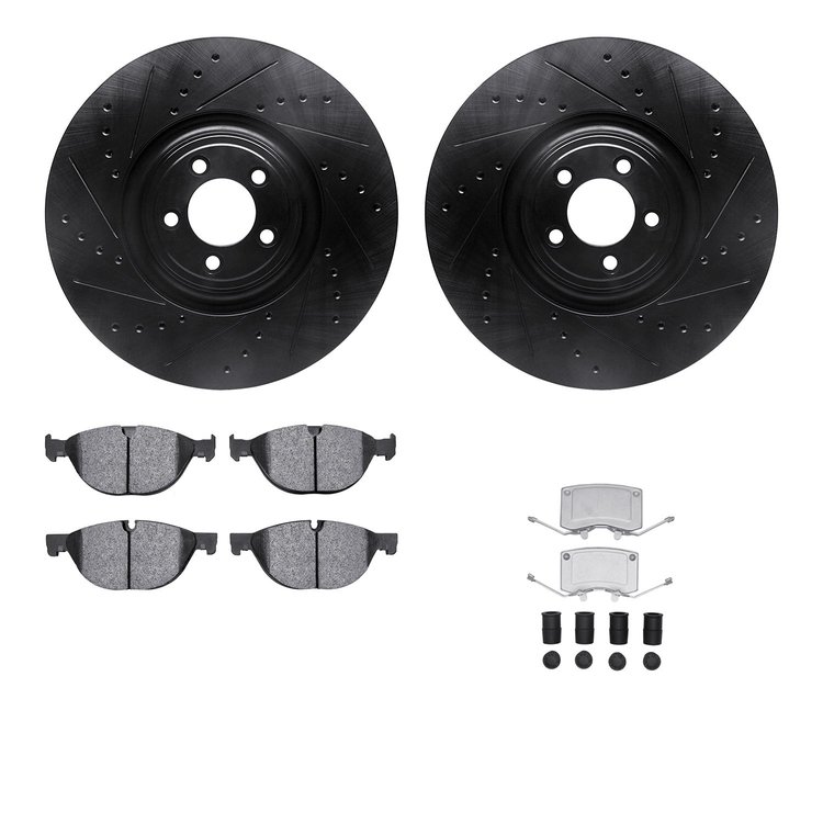 8512-20119 Drilled/Slotted Brake Rotors w/5000 Advanced Brake Pads Kit & Hardware [Black], Fits Select Jaguar, Position: Front