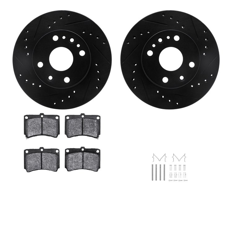 8512-21000 Drilled/Slotted Brake Rotors w/5000 Advanced Brake Pads Kit & Hardware [Black], 1994-2002 Multiple Makes/Models, Posi