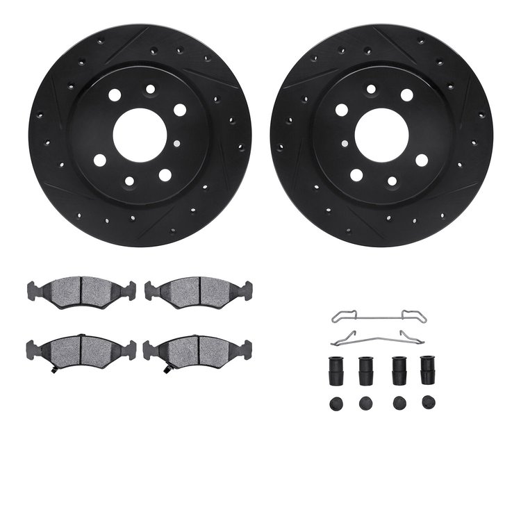 8512-21001 Drilled/Slotted Brake Rotors w/5000 Advanced Brake Pads Kit & Hardware [Black], 1994-2000 Kia/Hyundai/Genesis, Positi