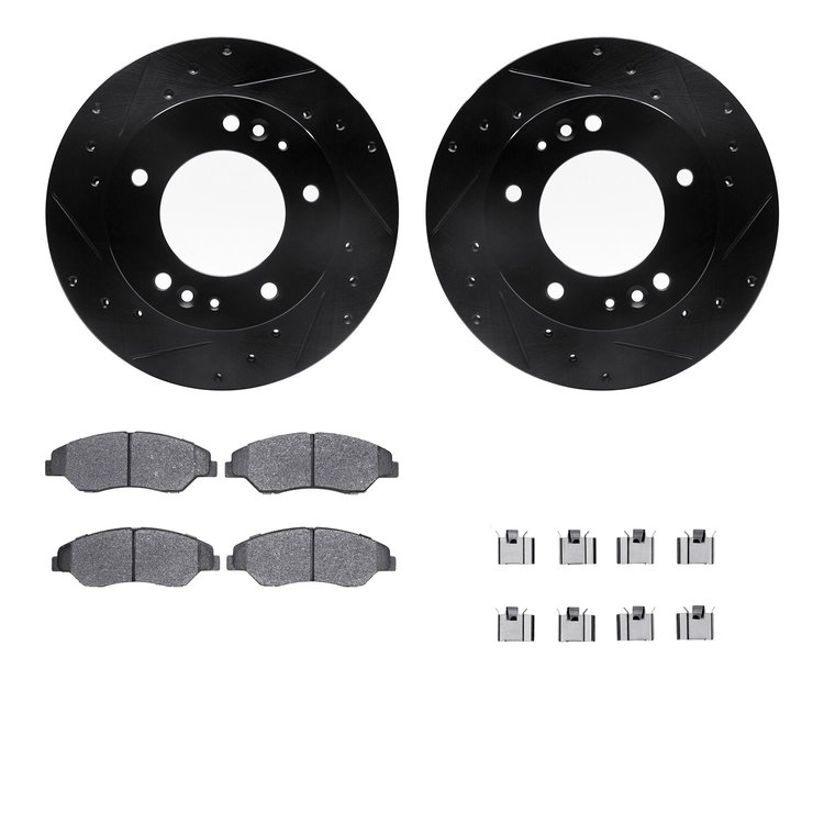 8512-21006 Drilled/Slotted Brake Rotors w/5000 Advanced Brake Pads Kit & Hardware [Black], 1998-2002 Kia/Hyundai/Genesis, Positi