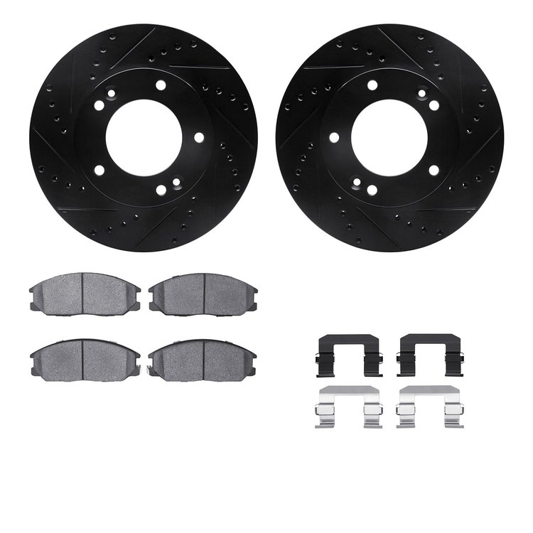 8512-21009 Drilled/Slotted Brake Rotors w/5000 Advanced Brake Pads Kit & Hardware [Black], 2003-2006 Kia/Hyundai/Genesis, Positi
