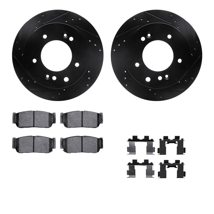 8512-21019 Drilled/Slotted Brake Rotors w/5000 Advanced Brake Pads Kit & Hardware [Black], 2003-2006 Kia/Hyundai/Genesis, Positi