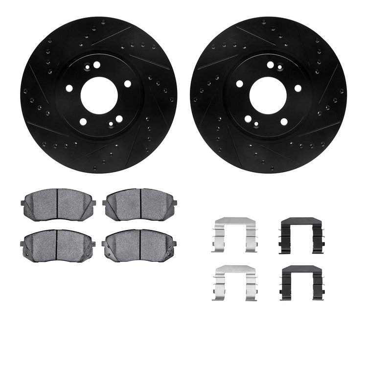 8512-21025 Drilled/Slotted Brake Rotors w/5000 Advanced Brake Pads Kit & Hardware [Black], 2012-2016 Kia/Hyundai/Genesis, Positi
