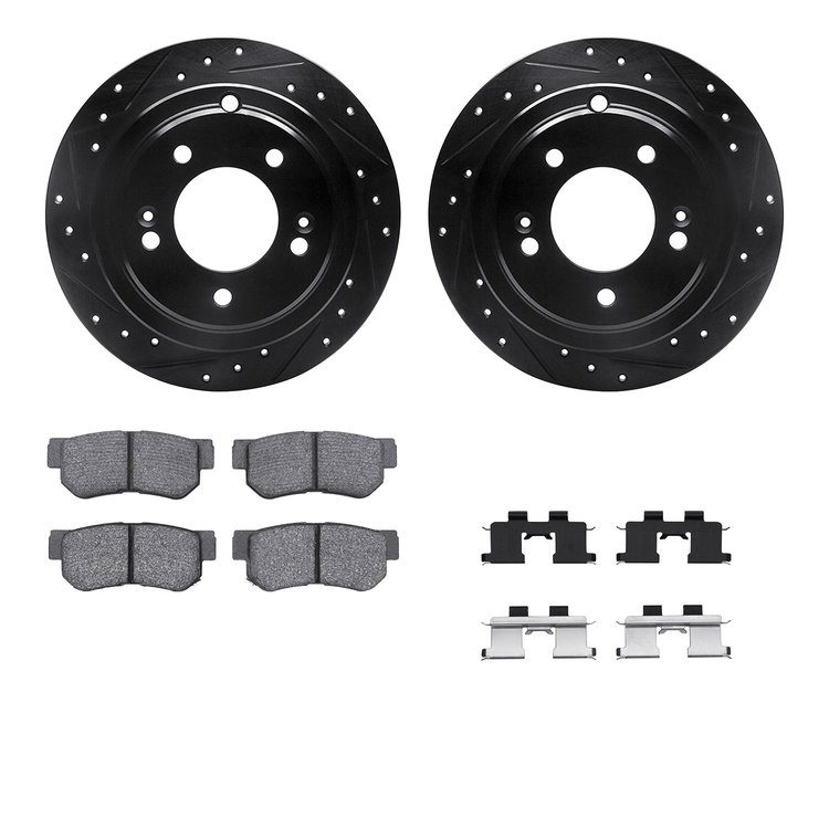 8512-21030 Drilled/Slotted Brake Rotors w/5000 Advanced Brake Pads Kit & Hardware [Black], 2004-2006 Kia/Hyundai/Genesis, Positi