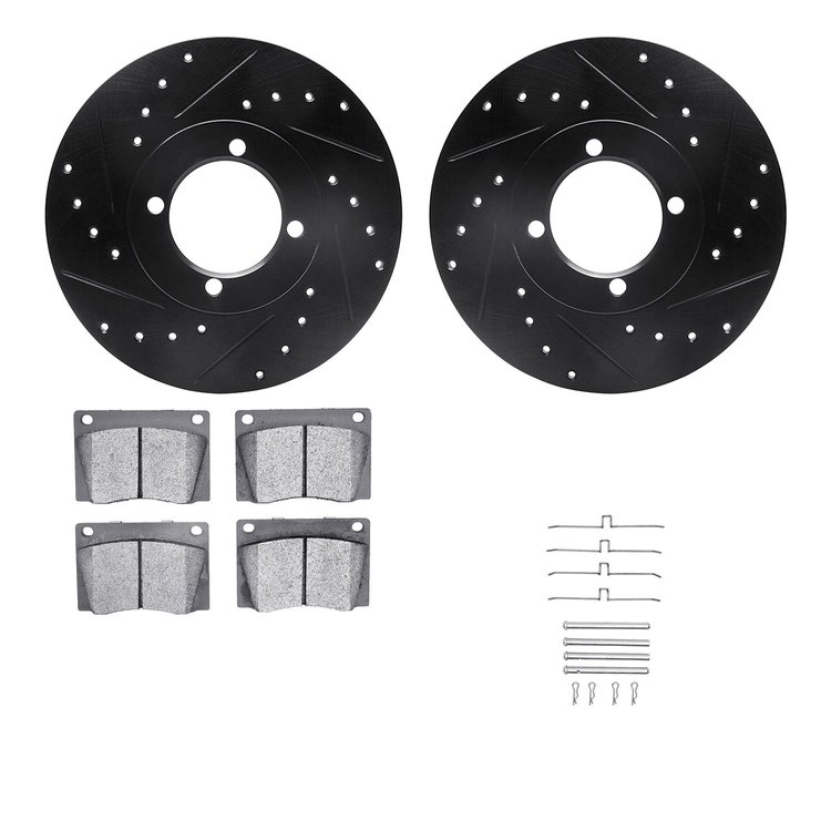 8512-22003 Drilled/Slotted Brake Rotors w/5000 Advanced Brake Pads Kit & Hardware [Black], 1976-1979 Lotus, Position: Front