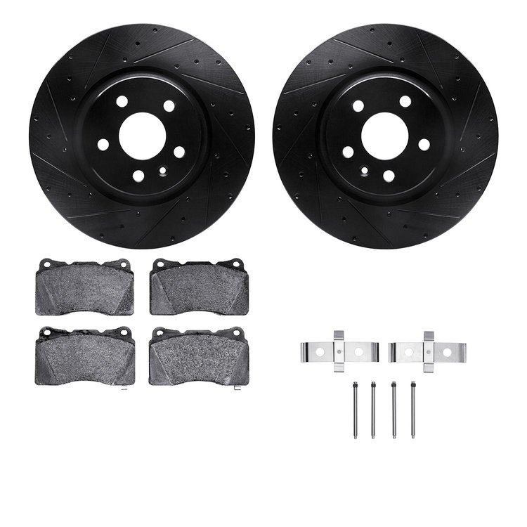 8512-26001 Drilled/Slotted Brake Rotors w/5000 Advanced Brake Pads Kit & Hardware [Black], 2014-2021 Tesla, Position: Front