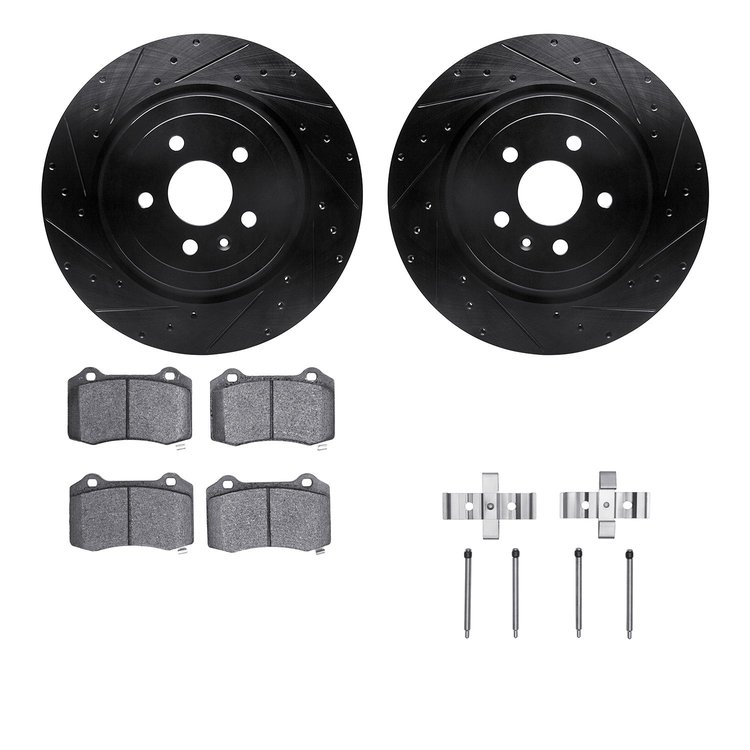 8512-26005 Drilled/Slotted Brake Rotors w/5000 Advanced Brake Pads Kit & Hardware [Black], 2012-2020 Tesla, Position: Rear