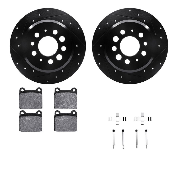8512-27001 Drilled/Slotted Brake Rotors w/5000 Advanced Brake Pads Kit & Hardware [Black], 1967-1974 Volvo, Position: Rear