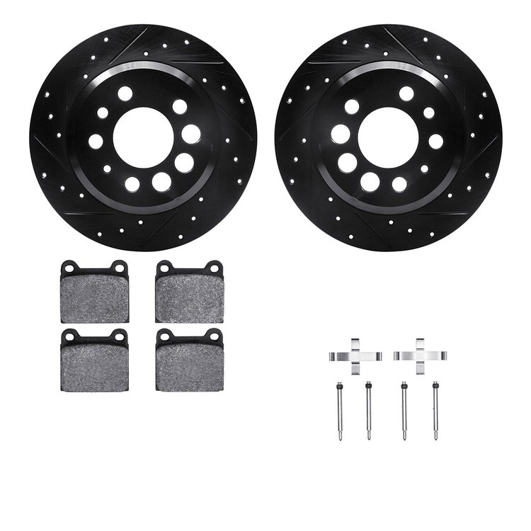 8512-27009 Drilled/Slotted Brake Rotors w/5000 Advanced Brake Pads Kit & Hardware [Black], 1975-1997 Volvo, Position: Rear