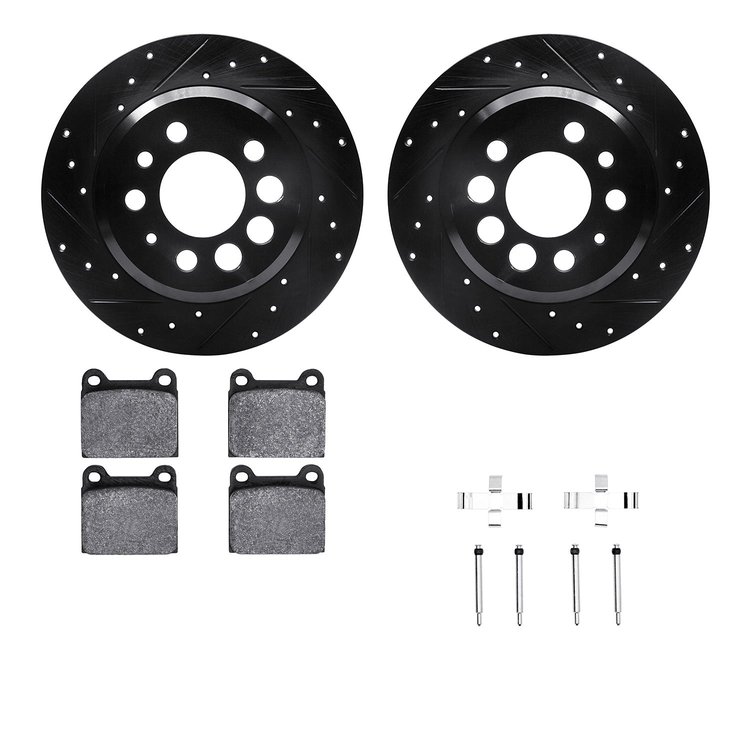 8512-27010 Drilled/Slotted Brake Rotors w/5000 Advanced Brake Pads Kit & Hardware [Black], 1974-1975 Volvo, Position: Rear