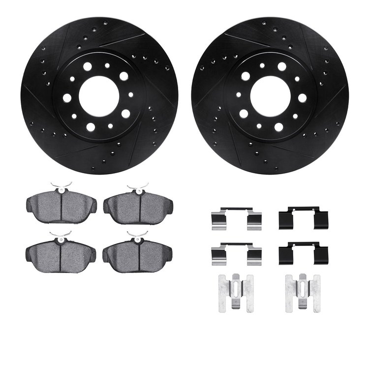 8512-27018 Drilled/Slotted Brake Rotors w/5000 Advanced Brake Pads Kit & Hardware [Black], 1991-1995 Volvo, Position: Front