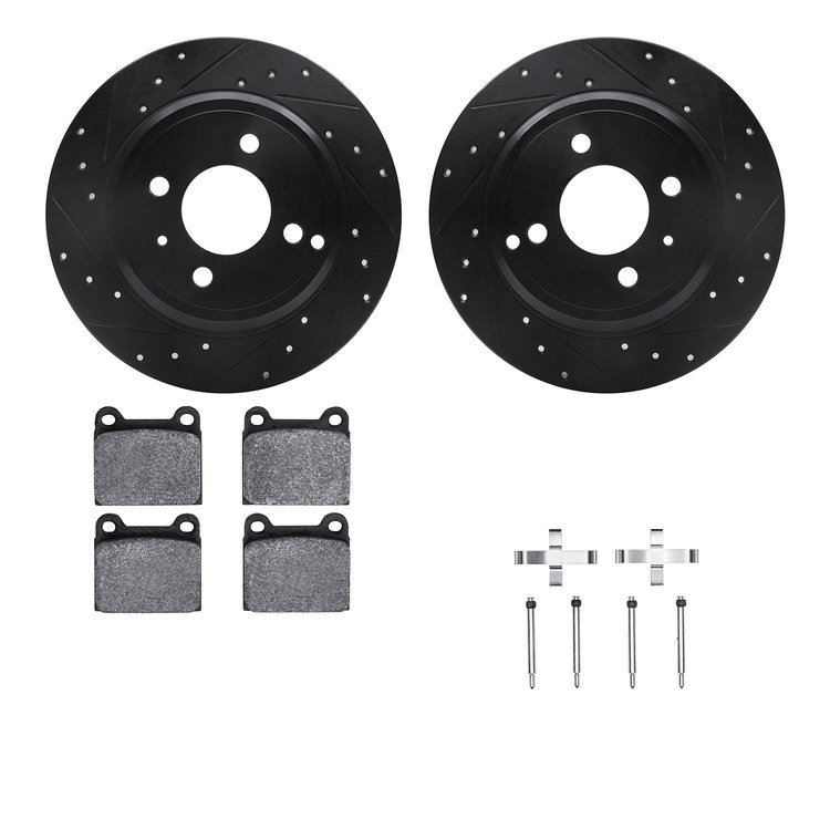 8512-27020 Drilled/Slotted Brake Rotors w/5000 Advanced Brake Pads Kit & Hardware [Black], 1993-1995 Volvo, Position: Rear