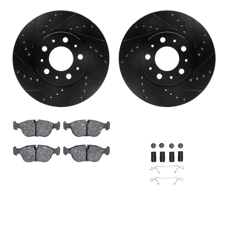 8512-27022 Drilled/Slotted Brake Rotors w/5000 Advanced Brake Pads Kit & Hardware [Black], 1996-2000 Volvo, Position: Front