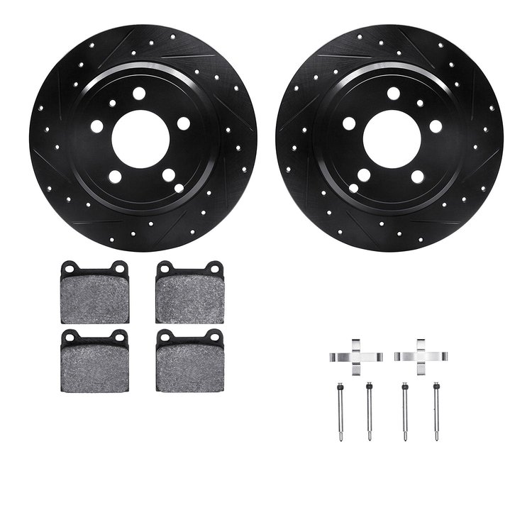 8512-27023 Drilled/Slotted Brake Rotors w/5000 Advanced Brake Pads Kit & Hardware [Black], 1996-2004 Volvo, Position: Rear