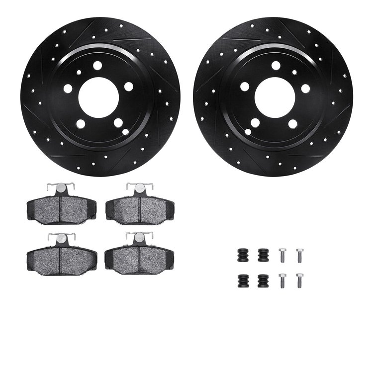 8512-27024 Drilled/Slotted Brake Rotors w/5000 Advanced Brake Pads Kit & Hardware [Black], 1996-1997 Volvo, Position: Rear