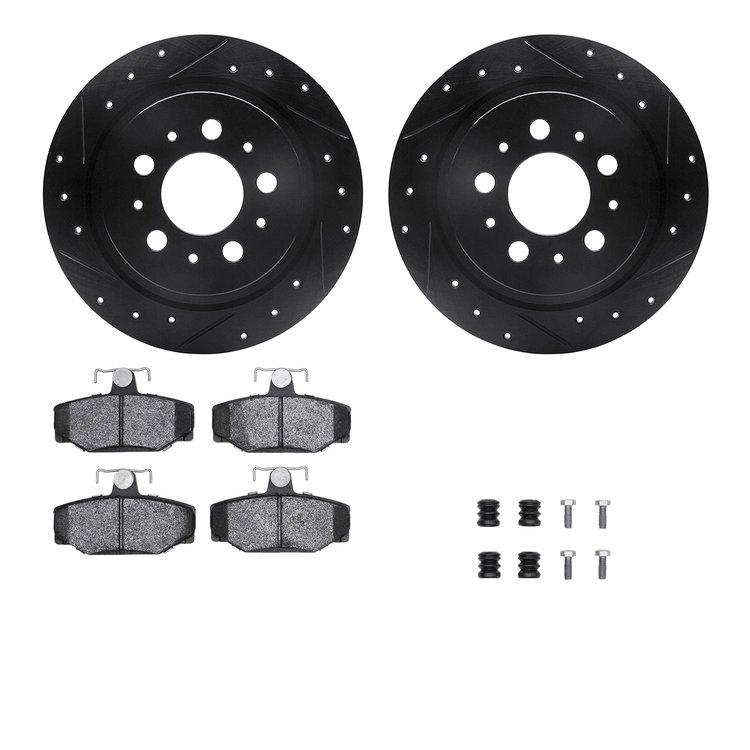 8512-27026 Drilled/Slotted Brake Rotors w/5000 Advanced Brake Pads Kit & Hardware [Black], 1997-1998 Volvo, Position: Rear