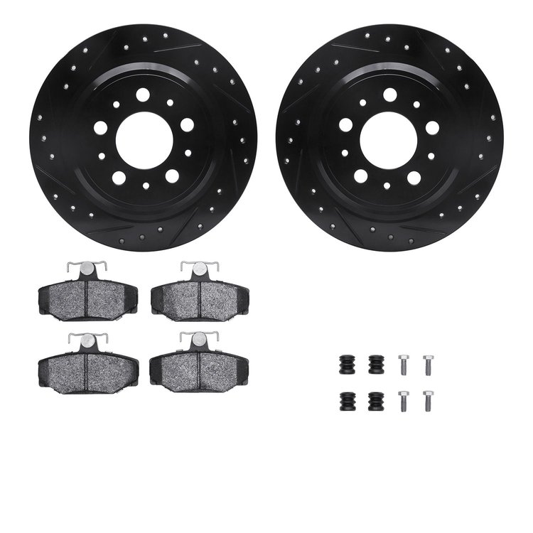 8512-27028 Drilled/Slotted Brake Rotors w/5000 Advanced Brake Pads Kit & Hardware [Black], 1998-2000 Volvo, Position: Rear