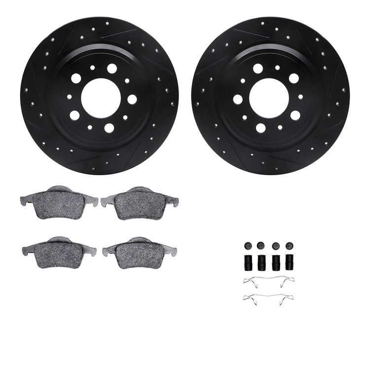 8512-27029 Drilled/Slotted Brake Rotors w/5000 Advanced Brake Pads Kit & Hardware [Black], 1999-2009 Volvo, Position: Rear