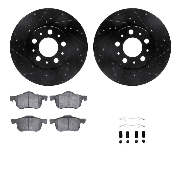 8512-27030 Drilled/Slotted Brake Rotors w/5000 Advanced Brake Pads Kit & Hardware [Black], 1999-2009 Volvo, Position: Front