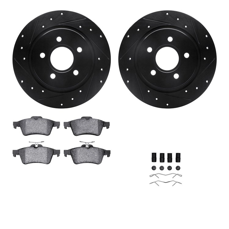 8512-27036 Drilled/Slotted Brake Rotors w/5000 Advanced Brake Pads Kit & Hardware [Black], 2004-2013 Volvo, Position: Rear
