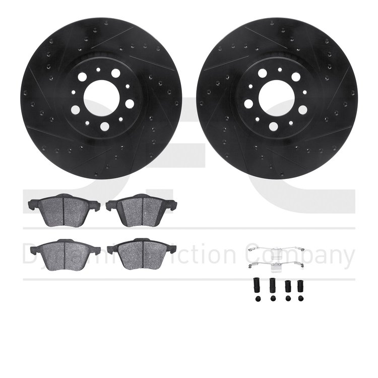 8512-27052 Drilled/Slotted Brake Rotors w/5000 Advanced Brake Pads Kit & Hardware [Black], 2003-2009 Volvo, Position: Front