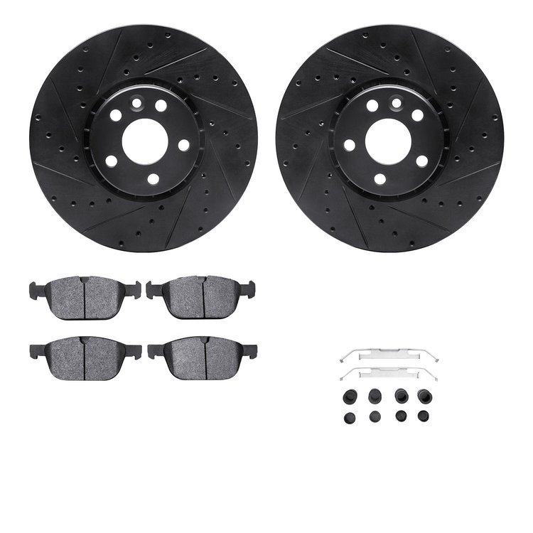 8512-27070 Drilled/Slotted Brake Rotors w/5000 Advanced Brake Pads Kit & Hardware [Black], 2010-2016 Volvo, Position: Front