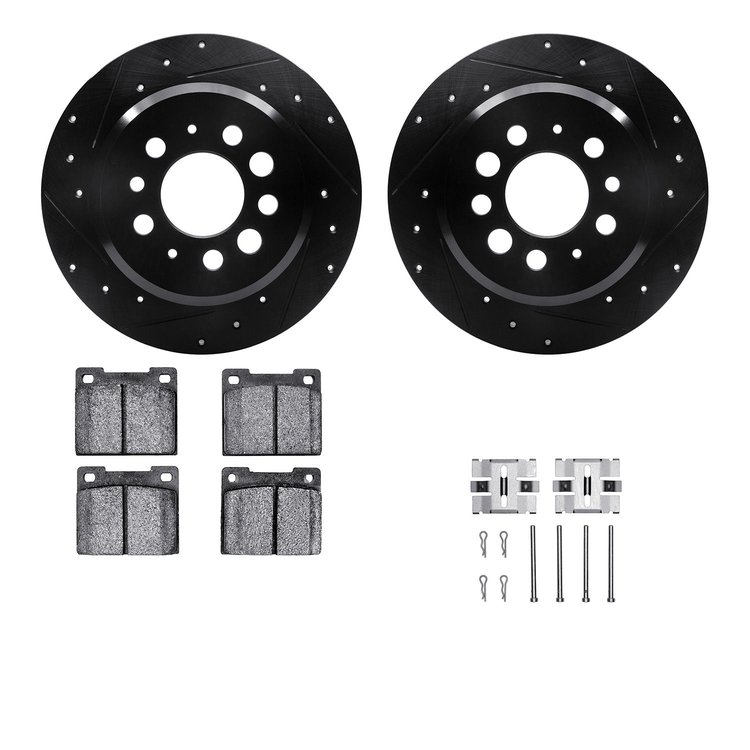 8512-27072 Drilled/Slotted Brake Rotors w/5000 Advanced Brake Pads Kit & Hardware [Black], 1967-1974 Volvo, Position: Rear