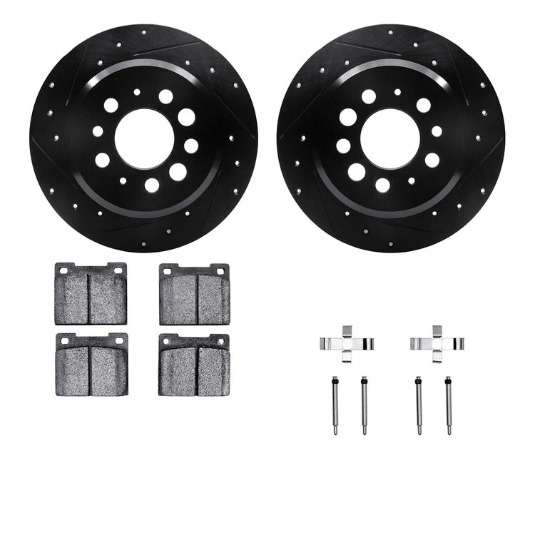 8512-27077 Drilled/Slotted Brake Rotors w/5000 Advanced Brake Pads Kit & Hardware [Black], 1969-1971 Volvo, Position: Rear