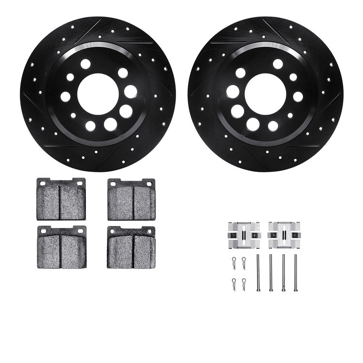 8512-27102 Drilled/Slotted Brake Rotors w/5000 Advanced Brake Pads Kit & Hardware [Black], 1975-1987 Volvo, Position: Rear