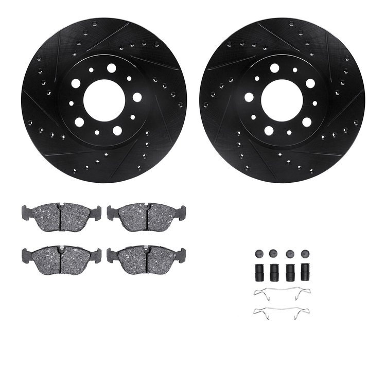8512-27153 Drilled/Slotted Brake Rotors w/5000 Advanced Brake Pads Kit & Hardware [Black], 1998-2004 Volvo, Position: Front