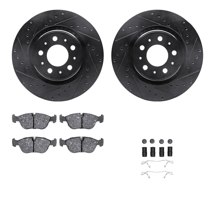 8512-27173 Drilled/Slotted Brake Rotors w/5000 Advanced Brake Pads Kit & Hardware [Black], 1998-2004 Volvo, Position: Front