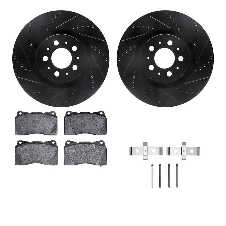 8512-27204 Drilled/Slotted Brake Rotors w/5000 Advanced Brake Pads Kit & Hardware [Black], 2004-2007 Volvo, Position: Front