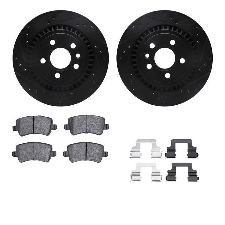8512-27329 Drilled/Slotted Brake Rotors w/5000 Advanced Brake Pads Kit & Hardware [Black], 2016-2018 Volvo, Position: Rear